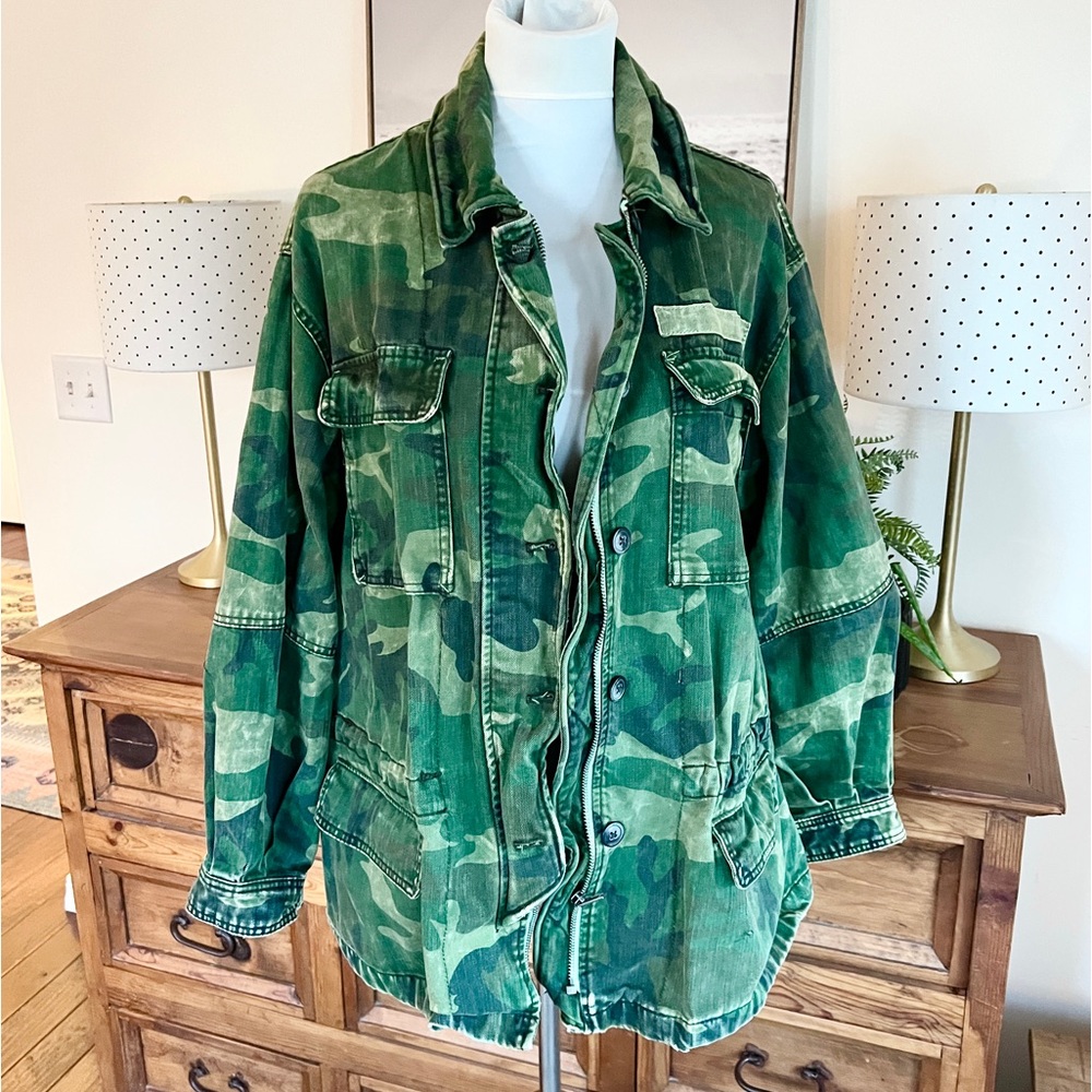 Free People Camouflage Green Utility Jacket Coat Oversized S